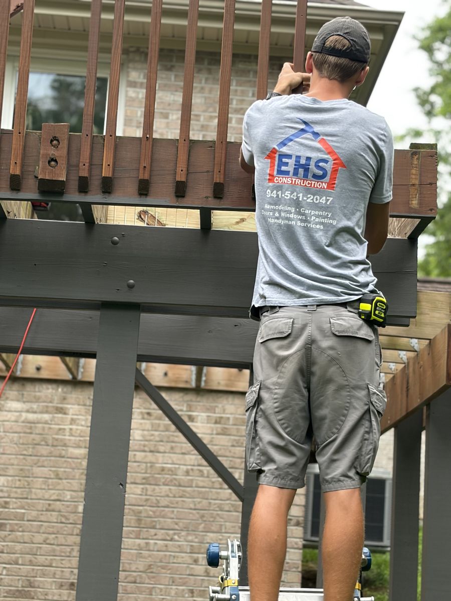 Carpentry work on a custom outdoor deck structure